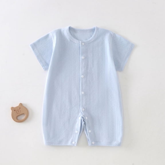 Riecok Infant Toddler Cotton Short Sleeve Bodysuit Creeper Comfortable Breathable Summer Solid Color Knit Snap Crotch 0-2Y Blue 9 M