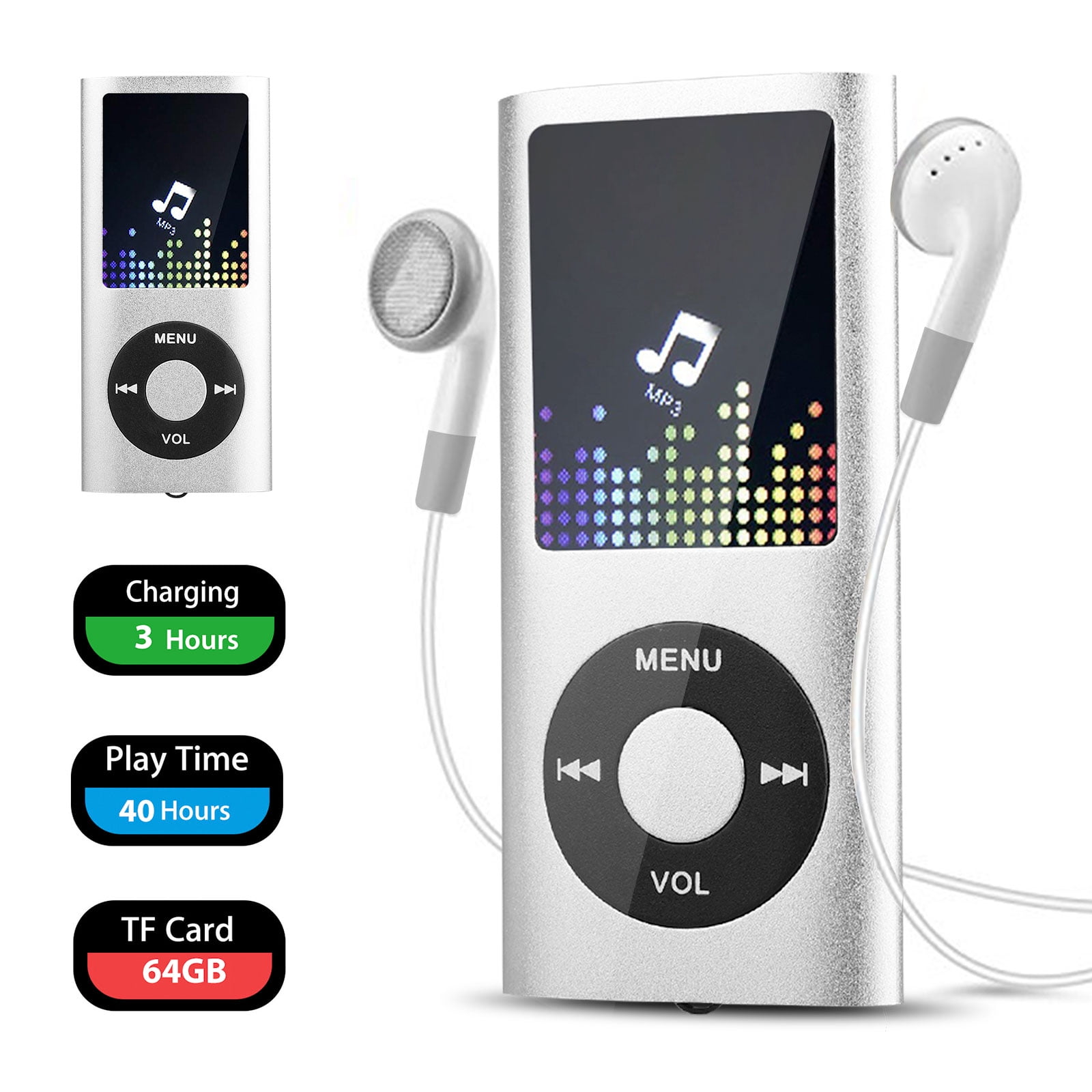 MP3 Player with Earphone, 64GB TF SD Card Support MP3 Player, HiFi Lossless Sound with FM Radio 1.8'' Screen (TF/Micro SD Card not Including)