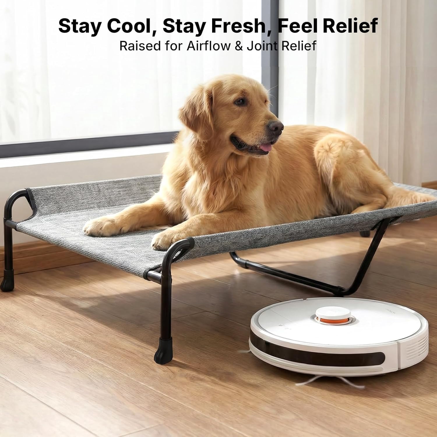 Outdoor Dog Bed, 53" XXL Raised Dog Bed, Elevated Dog Bed with Headrest, Washable Cooling Dog Cot with Non-Skid Feet, Breathable Mesh, Portable Pet Hammock for Indoor or Camping, Black Silver