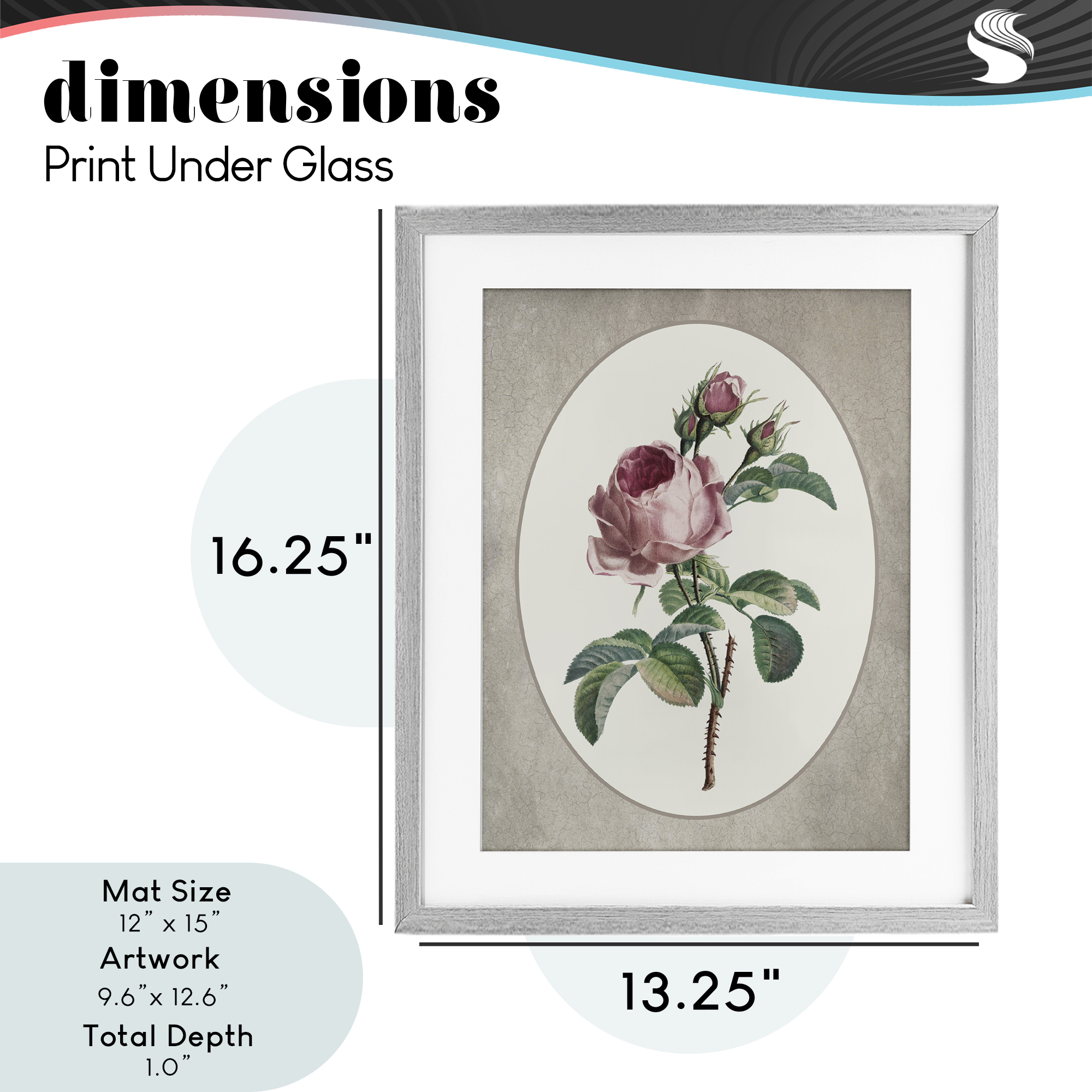 Vintage Rose within Oval Gray Framed Print Under Glass, design by Lettered and Lined