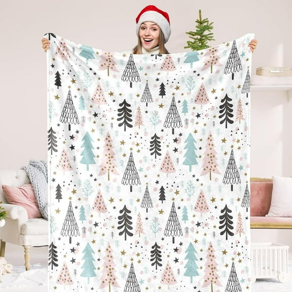 ADHART Christmas Fuzzy Throw Blanket 50 x 60 inch - Pastel Xmas Tree Blue Pink Forest Design, Cozy Winter Blanket for Adult Home Chair Sofa Couch Bed