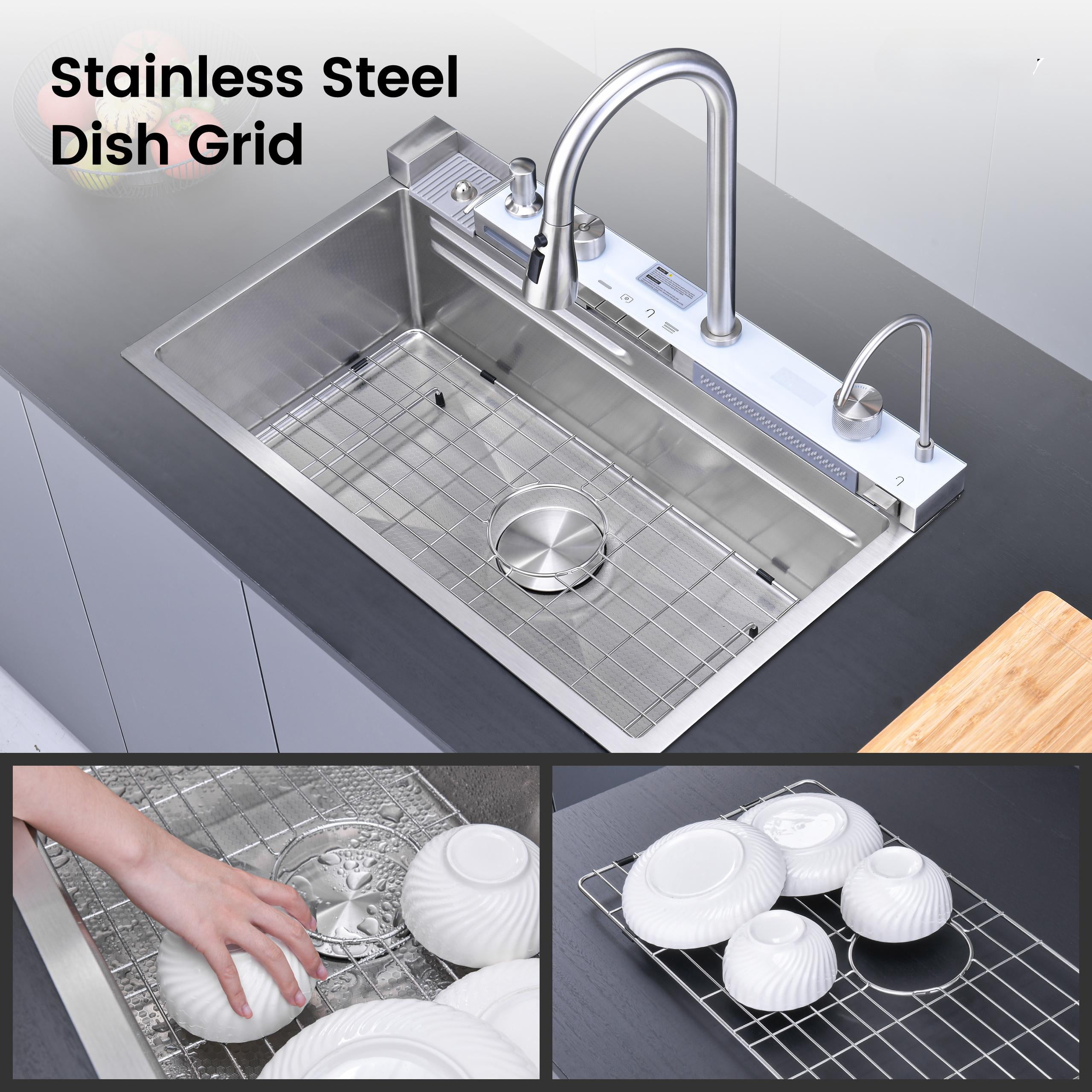 Pull-out Faucet Single Bowl Sink, Kitchen Vegetable Sink 304 30"x18" Whale Waterfall Sink Stainless Steel Dish Sink wIth Dishwasher Accessories Household Vegetable Washing Basin, Dark Gray