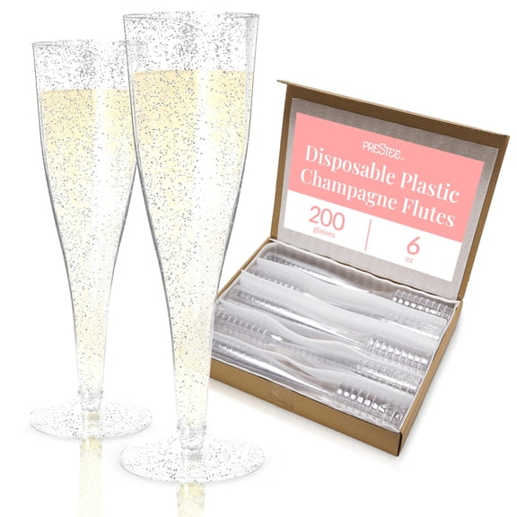 Prestee 200 Disposable Plastic Flutes - Silver Glitter Champagne Flutes for Weddings, Parties, and New Year's Eve - 6 Oz Plastic Party Glasses
