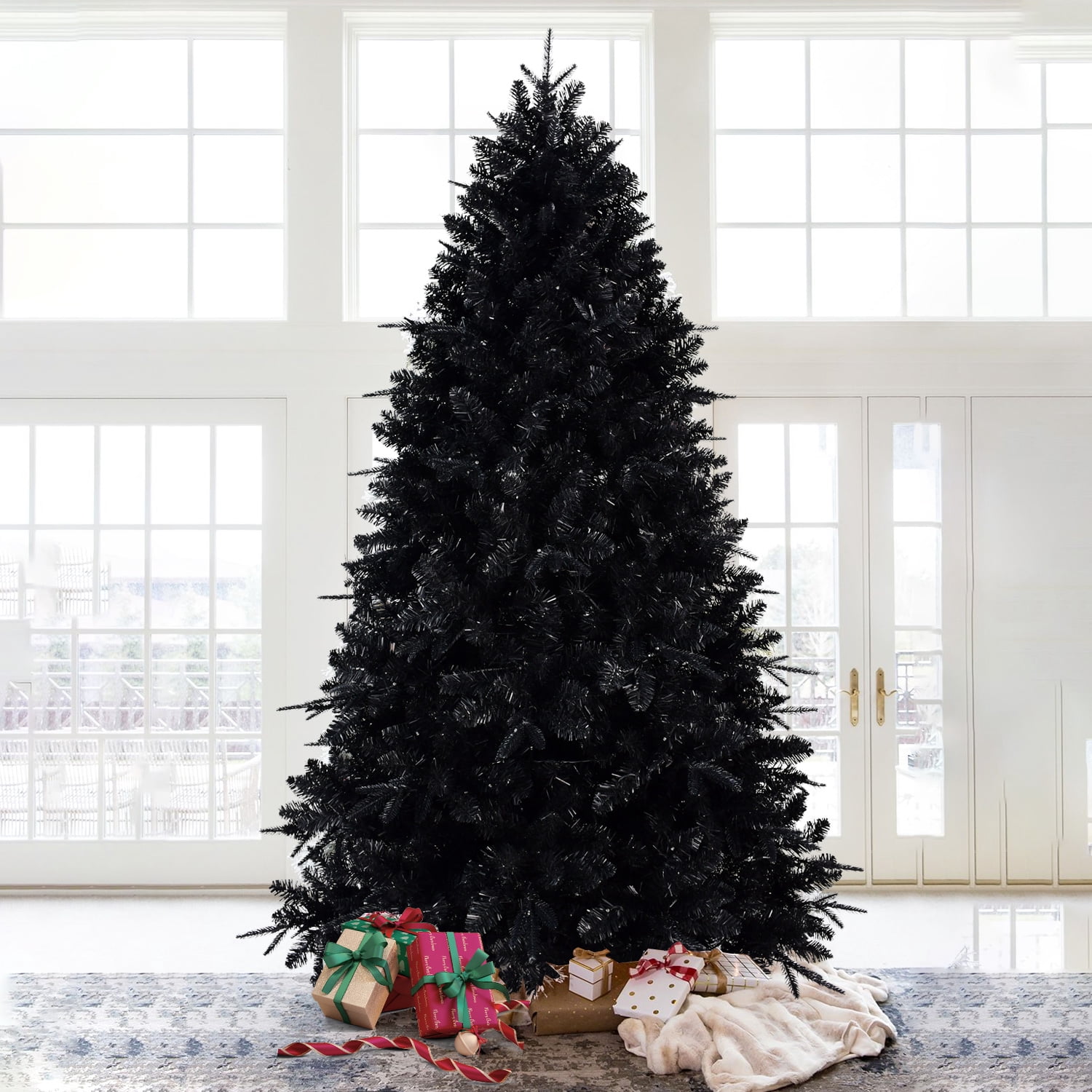 Euroco 8ft Black Christmas Tree with 600 White LED Lights, 2486 Tips PE+PVC Artificial Tree for Halloween & Holiday Decor, Hinged Structure with Stable Metal Stand