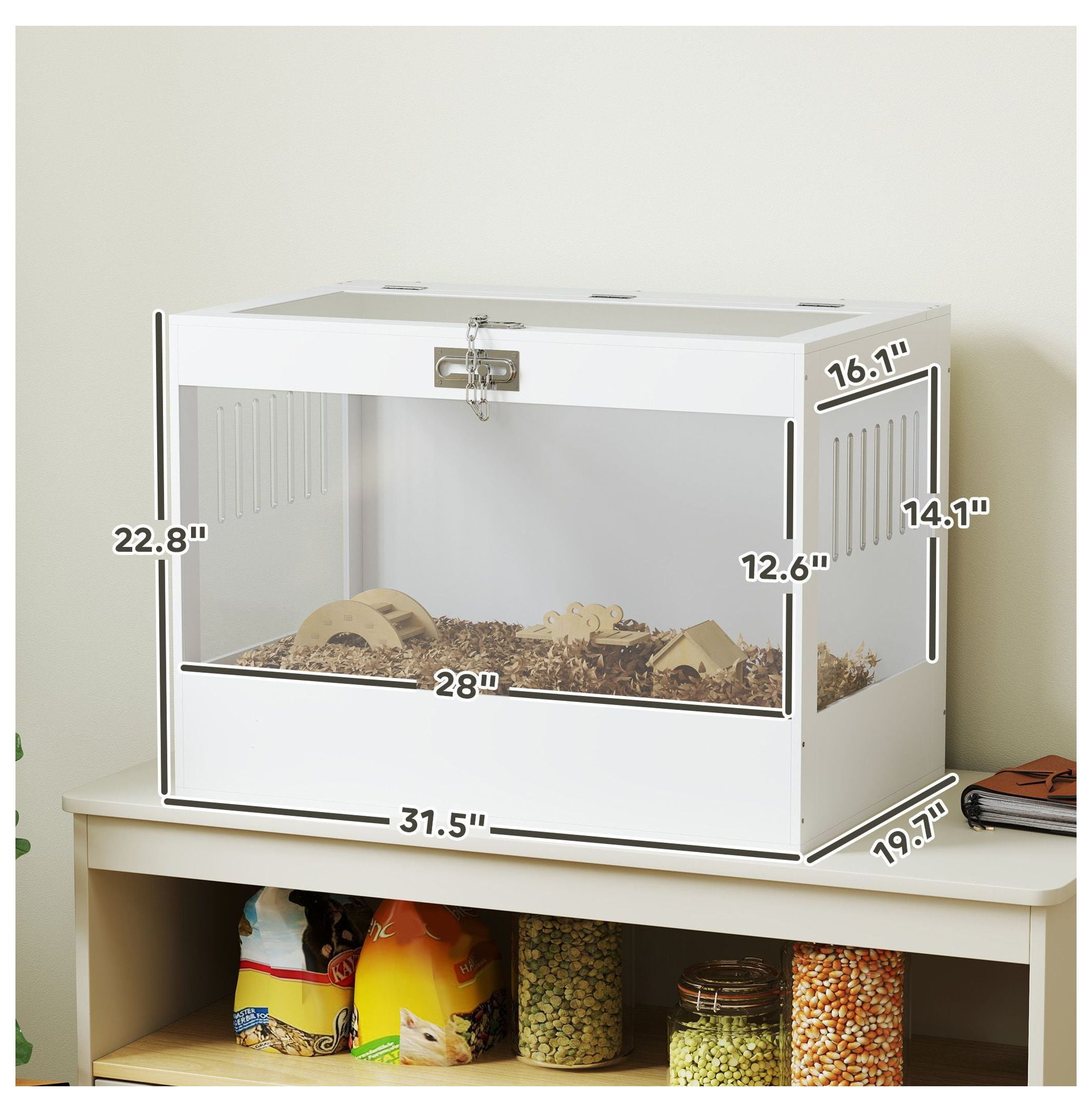 Hamster Cage with Openable Top & Lock, Hut, Transparent Acrylic Panels, Accessories, for Dwarf Hamster Gerbil, White