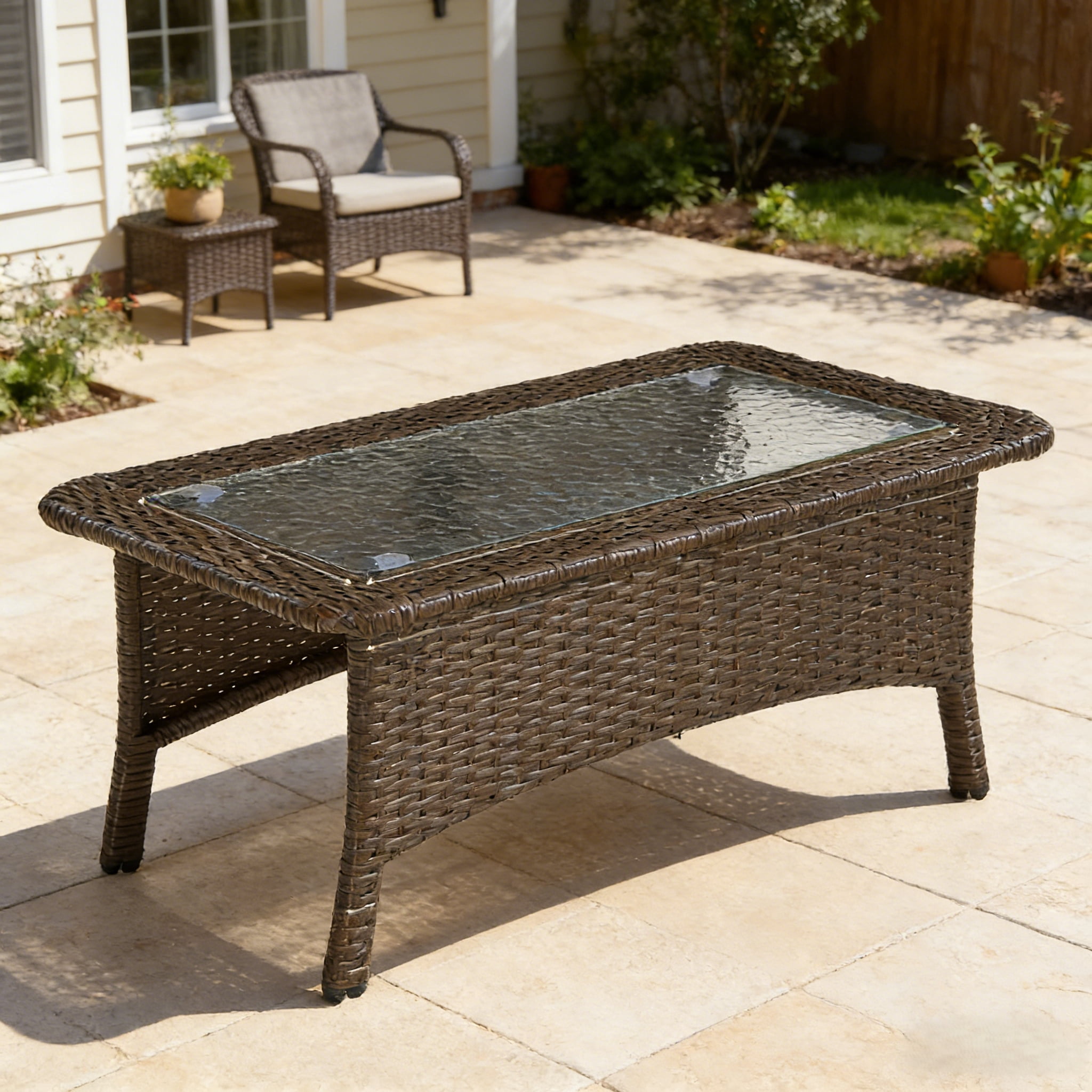 Fnova Outdoor Wicker Rectangular Coffee Table, PE Rattan Patio Table with Tempered Glass Top, Large Outdoor Furniture for Patio Backyard Garden