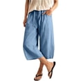 thumbnail image 2 of Mifsaly Flowy Capri Pants for Women Drawstring Elastic Waist Cotton Linen Capris Comfortable Lightweight Lounge Beach Crop Trousers with Pockets Light Blue,XL, 2 of 9