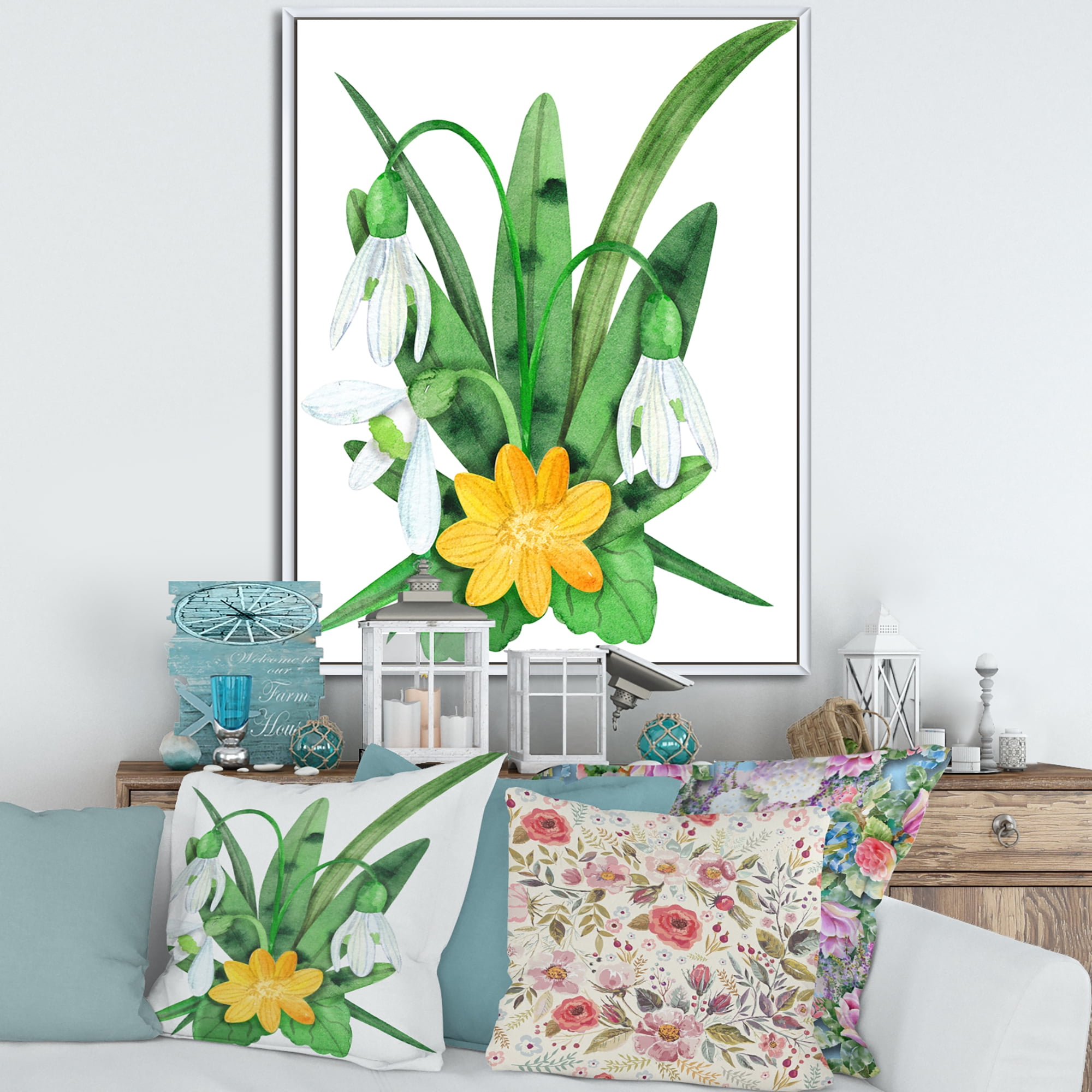 Snowdrops and Yellow Erantis VIntage Flowers 12 in x 20 in Framed Painting Canvas Art Print, by Designart