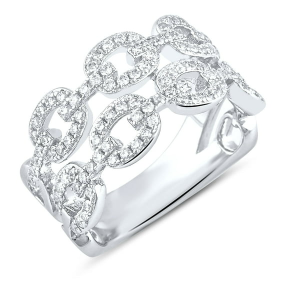 SilverCloseOut White Gold Over Sterling Silver Wide Cz Chain Link Ring