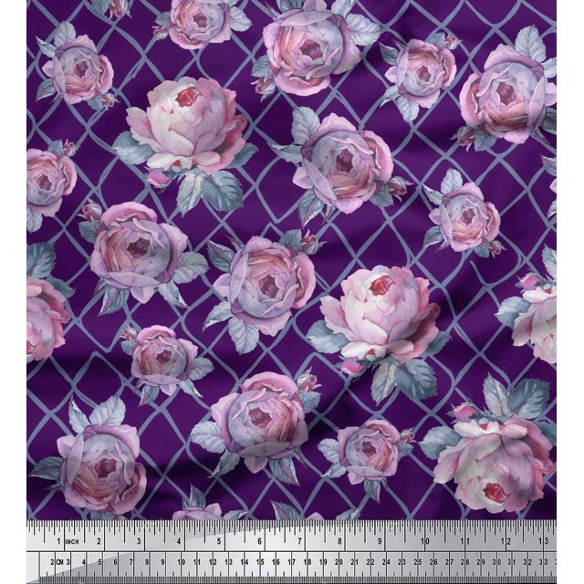 Soimoi Tissu Crêpe polyester Géométrique, Imprimé Feuilles & Roses au Mètre 52 Pouces de Large