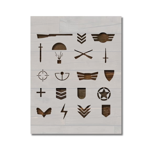 Military Symbols Gun Patches Ranks Stencil Template Reusable 8.5 x 11 for Painting on Walls, Wood, Etc. By Stencilville