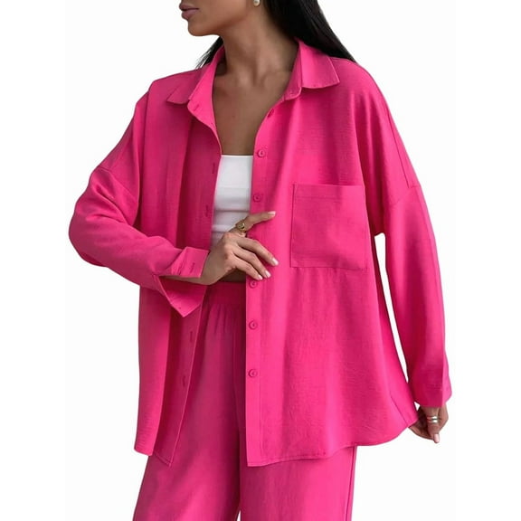 2 Piece Outfits for Women Casual Lounge Sets Long Sleeve Button Down Shirts and Wide Leg Pants Sets Tracksuit Rose Red S