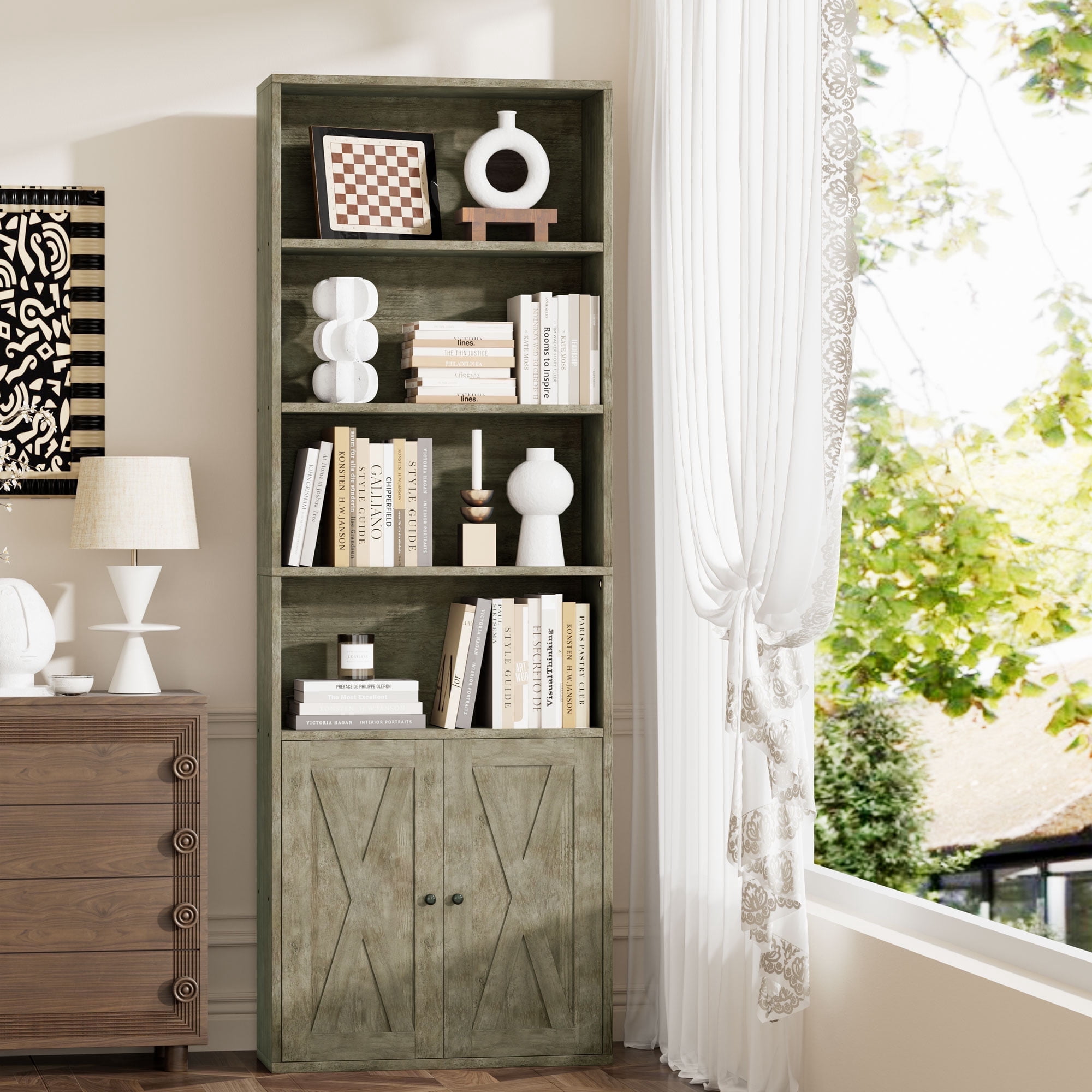 Walsunny Bookcase with Doors, 6-Tier Bookshelf with Storage, Farmhouse Bookshelves with Cabinet, Storage Display Shelf for Living Room Home Office, Gray