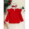 thumbnail image 5 of Bagilaanoe 2Pcs Toddler Baby Girls Christmas Outfits Ribbed Long Sleeve T-shirt Tops + Plaid Santa Claus Print Suspender Skirt + Headband 9M 12M 18M 24M 3T 4T Overalls Dress Set, 5 of 9