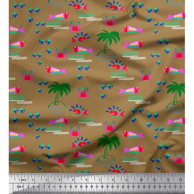 Soimoi Brown polyester Crepe Fabric Palm Tree,Crab & Fish Ocean Decor Fabric Printed Yard 52 Inch Wide