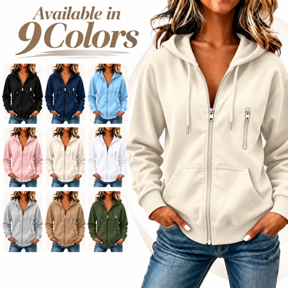 happyYEE Zip up Hoodies for Women, Fall Long Sleeve Hooded Jackets, Oversized Daily Sports Sweatshirt with Pockets