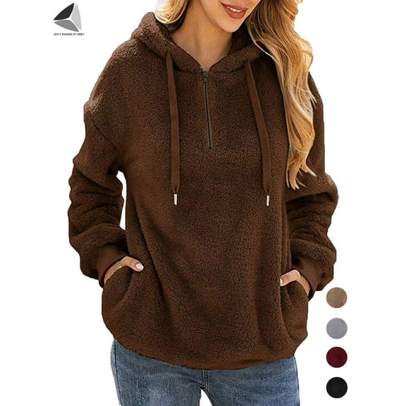 Sixtyshades Womens Fuzzy Fleece Sweatshirt Long Sleeve Zipper Sherpa Pullover Hoodie with Pockets (XL, Coffee)