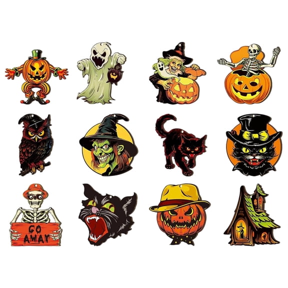 Vintage Halloween Ornaments for Tree Retro Hanging Decor Pumpkin Witch Black Cat Bat Wood Cutouts with Ropes 90s Halloween Decoration for Haunted House Party Displays-as shown