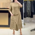 thumbnail image 2 of NaWent Cotton Linen Skirt 2 Piece Set Clearance Women's Summer Solid Round Neck 3/4 Sleeve Tops Skirt Suit Khaki M, 2 of 6