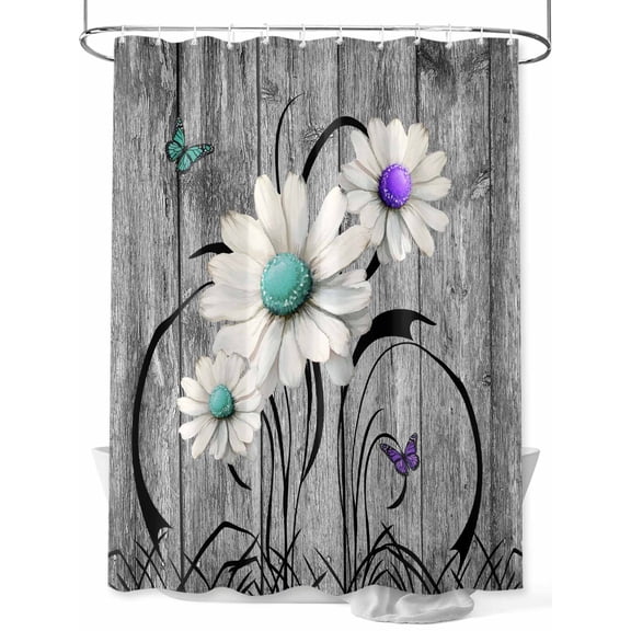 Fsddascl Vintage Daisy Shower Curtain Set - 48" x 72" Washable Bathtub Curtain with 12 Hooks, Gray Farmhouse Botanical Floral Butterfly Waterproof Fabric Stall Shower Curtains for Bathroom/Bathtub