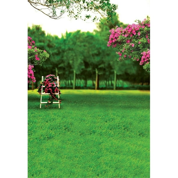 HelloDecor Polyester Fabric 5x7ft Photography Background Outdoors Nature  Green Trees and Grassland Pink Flowers Lawn Wedding Shooting Scene  Background Photo Studio Props 
