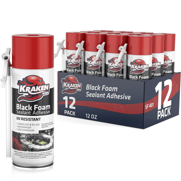 Kraken Bond Black Waterfall & Landscape Foam Sealant, Expanding Polyurethane Pond & Rock Foam, UV & Water Resistant, Straw Use, 12 oz Can, 12 Pack
