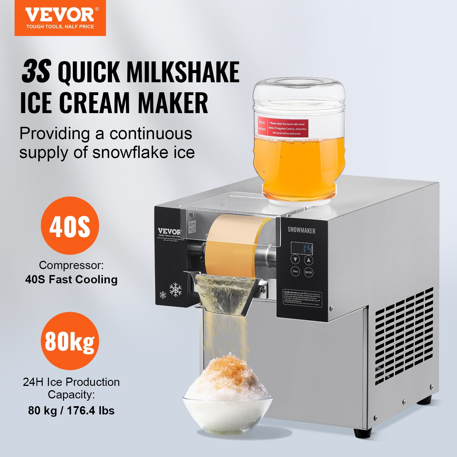 VEVOR Commercial Snowflake Ice Machine, 176.4LBS/24H Snowflake Ice Maker, Stainless Steel Ice Shaver Machine, Electric Snow Cone Maker, Air Cooling System for Rapid Heat Dissipation, Bakery, Cafe