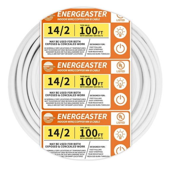 Energeaster Solid Indoor 14/2 W/G NMB Cable 100ft Coilï¼Electrical Wire 14 Gauge Wire 2 Conductors Non-Metallic with Ground Wire(White)