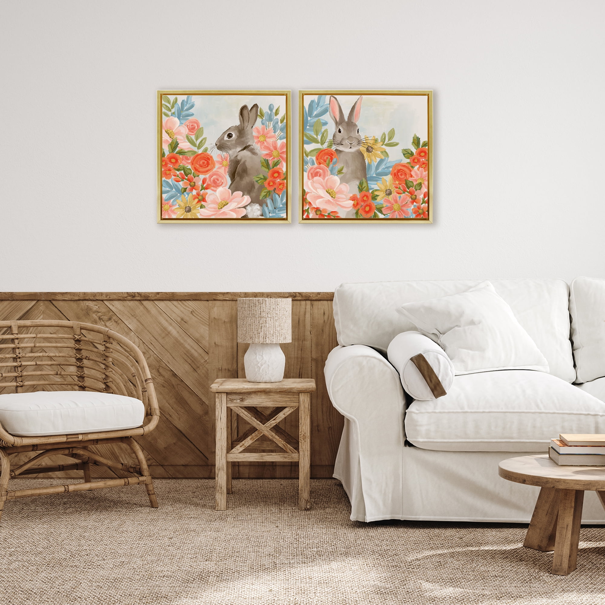 Stupell Industries Bright Bunny Blooms 2 Piece Gold Framed Floater Canvas Set, design by Cat Thurman Designs