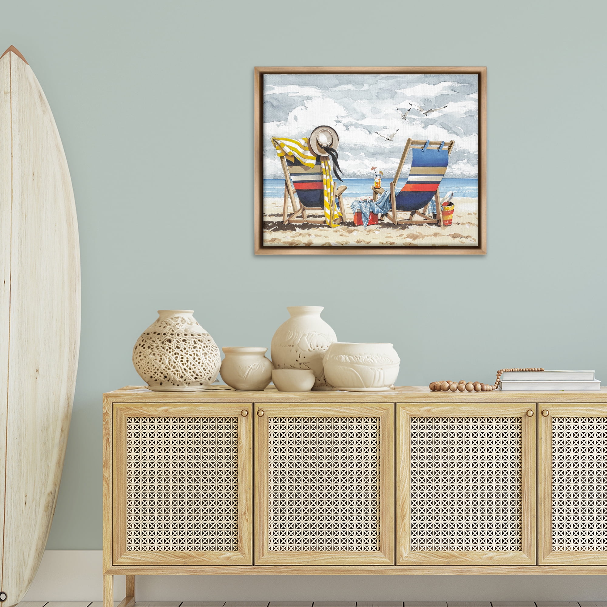 Stupell Industries Peaceful Beach Chairs Hangout Landscape & Nature Painting Brown Floater Framed Canvas Art Print Wall Art, 31 x 25