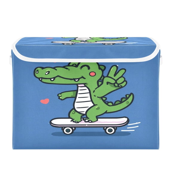 Storage Box With Lid 16.5x12.6x11.8In Lidded Home Storage Bins Foldable Stacked Household Storage Box Cartoon Crocodile Skateboard