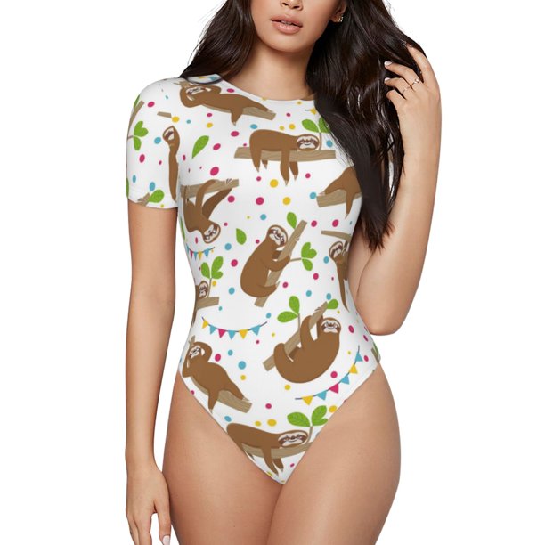Balery Cute Sloth Body de cuello redondo de manga corta para mujer Tops de manga corta Tops básicos-Large