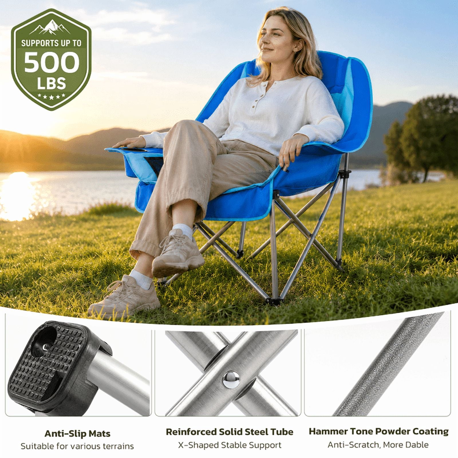 Simple Deluxe Extra Oversized Outdoor Foldable Camping Chair, with Cup Holder and Carrying Bag, Camping Chair with 500lbs Capacity and Sturdy Material, Suitable for Beaches, Hiking and Camping, Blue