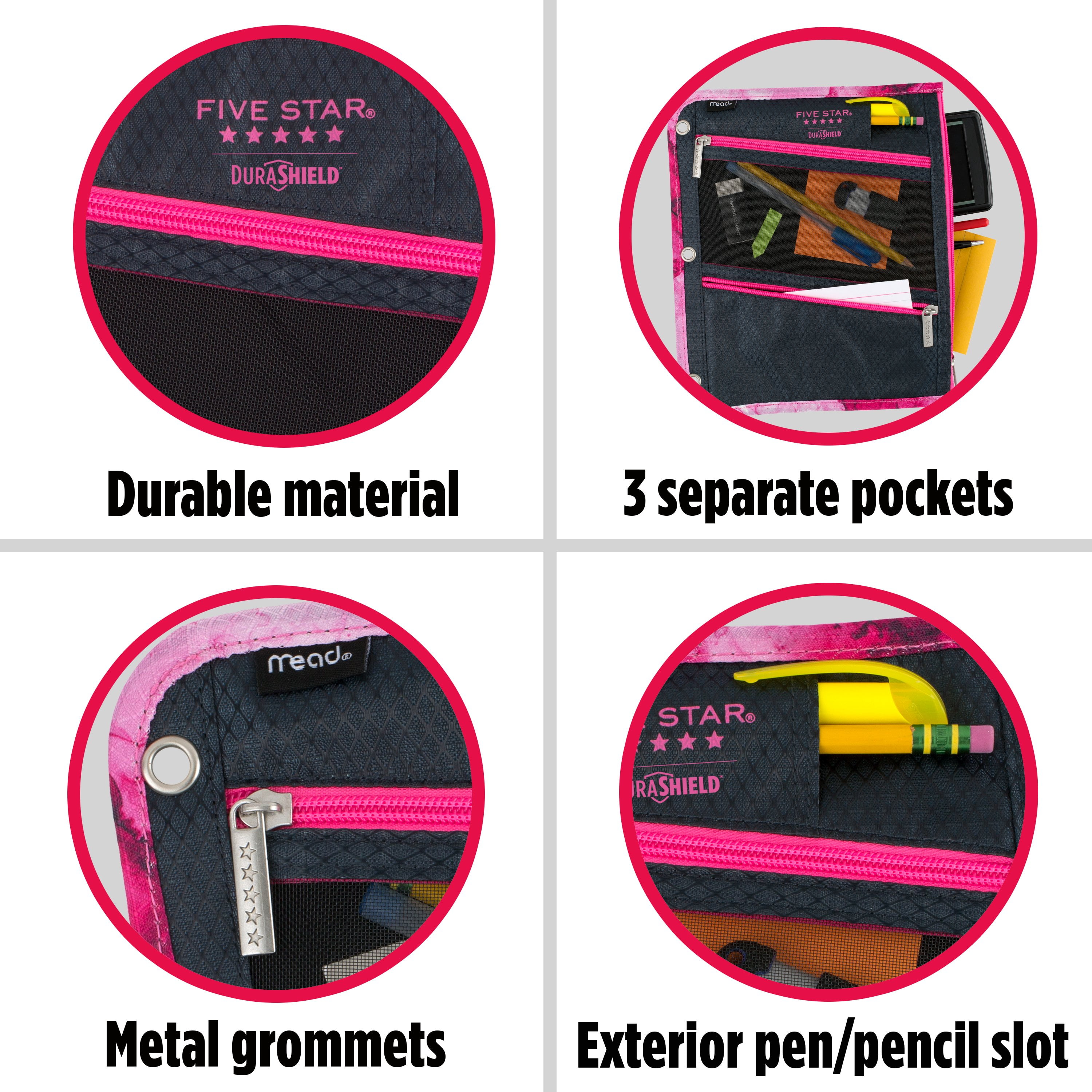Five Star Pink Pencil Pouch 2 Zipper Pocket 3 Grommets Clip in Binder  Storage