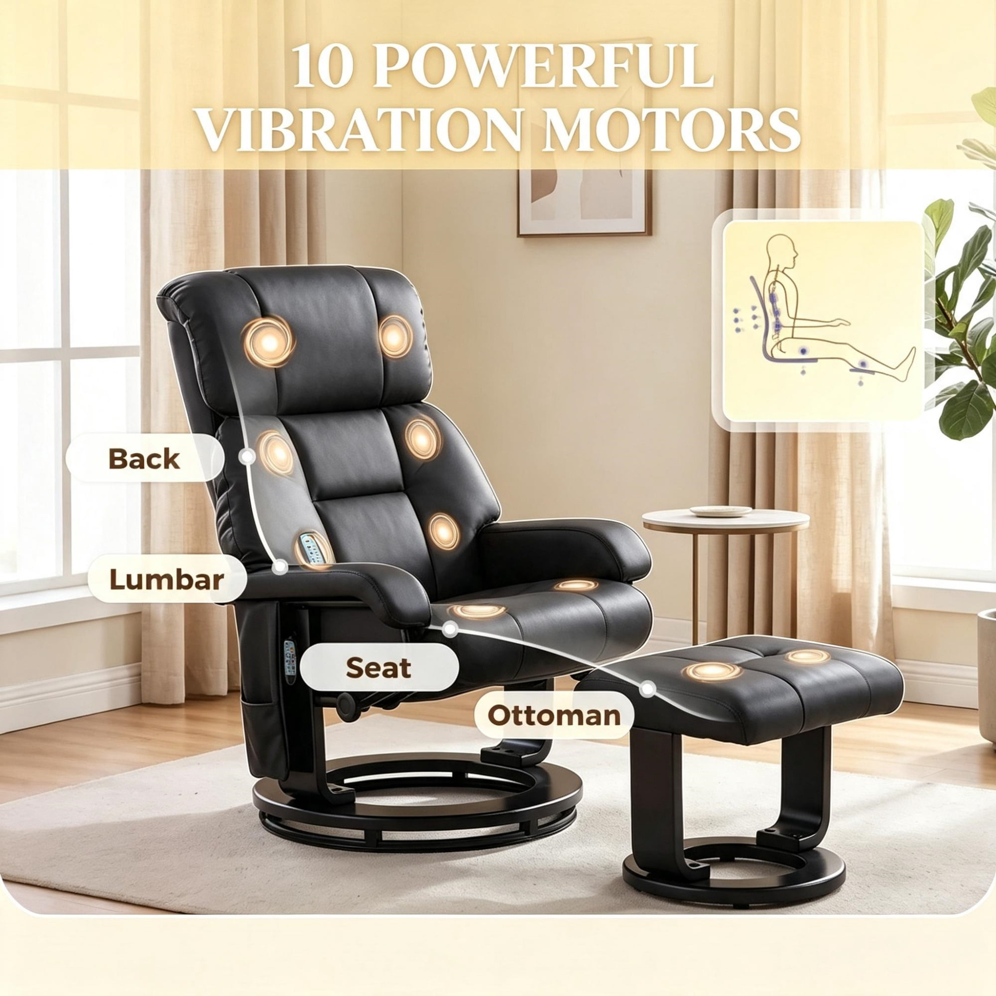 360° Swivel Massage Recliner Chair, 10-Point Vibration Footstool for Living Room, Black