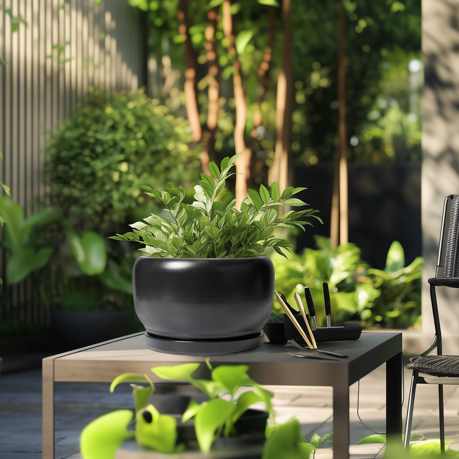 10 inch Pots for Plants, Large Round Ceramic Planter with Saucer & Drainage, Modern Flower Pot for Live Houseplants & Office Decor, Matte Black