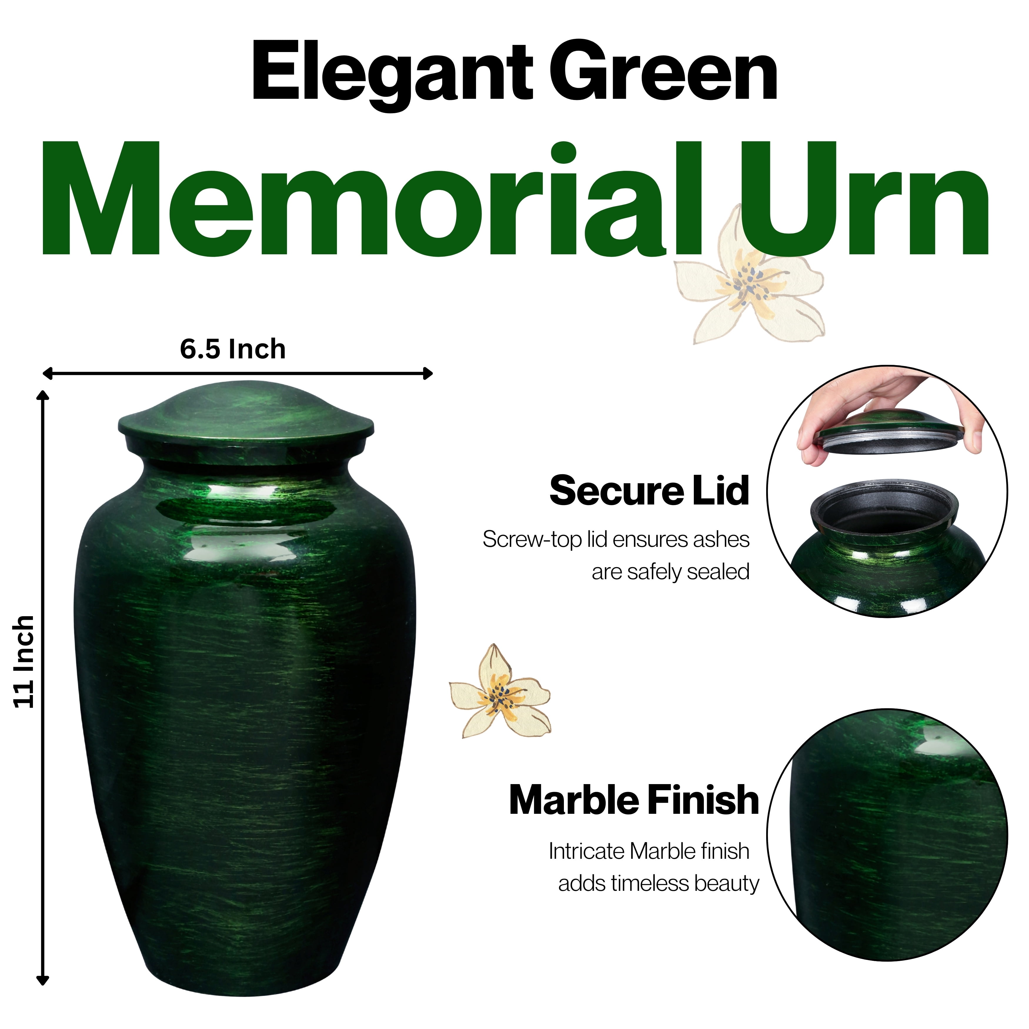 Aluminum Handcrafted Urn - Elegant Keepsake Holder for Adult Human Ashes (Forest Green)