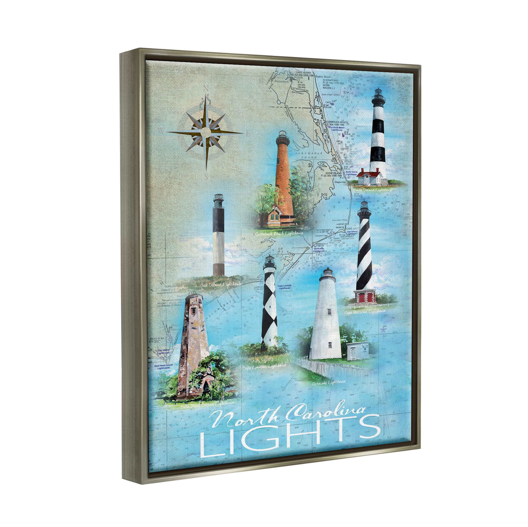 Stupell Industries North Carolina Lighthouses Map Graphic Art Luster Gray Floating Framed Canvas Print Wall Art, Design by Erica Christopher