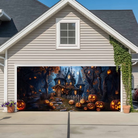 Halloween Garage Door Cover Banner 6 x 13 FT, Forest Ghost Pumpkin Castle Vintage Cottage Garage Door Curtains Backdrop with Grommets for Indoor Outdoor Wall Party Porch Yard Decorations Background