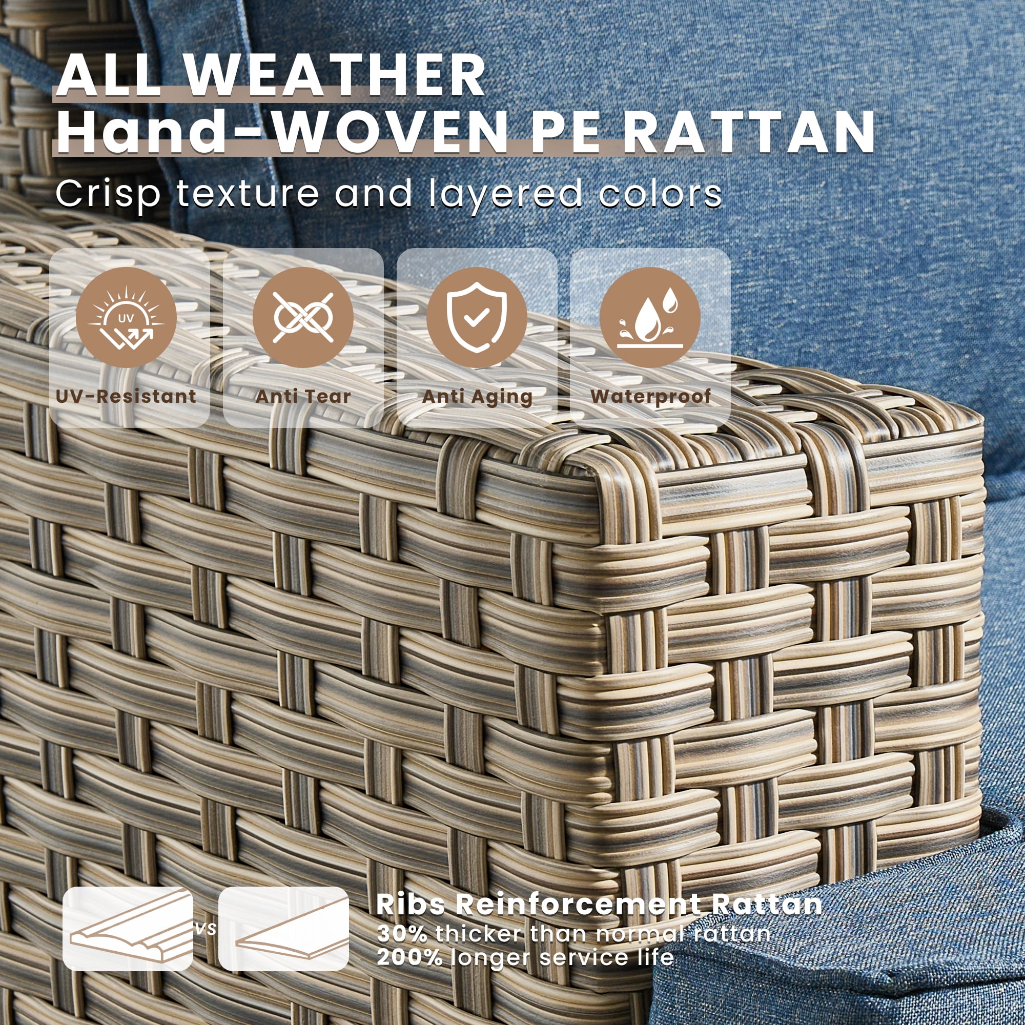 Vcatnet 8 Pieces Outdoor Patio Furniture Sectional Sofa PE Rattan Wicker Conversation Set with Solar Powered Coffee Table for Porch, Backyard, Denim Blue