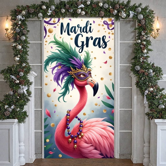 Flamingo Theme Mardi Gras Banner Feather Decor Carnival Display Mask Design Purple Gold Feather Backdrop for Carnival Party Festival Celebration Photo Shoot