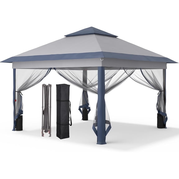 GDY 11x11FT Patio Gazebo with Mosquito Netting, Double Top with 4-Sangbags, Garden, Yard, Grassland, Grey and Navy Blue.