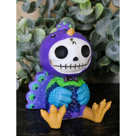 Furry Bones Pretty Purple Dandy Peacock Skeleton with Bowtie and Train Figurine