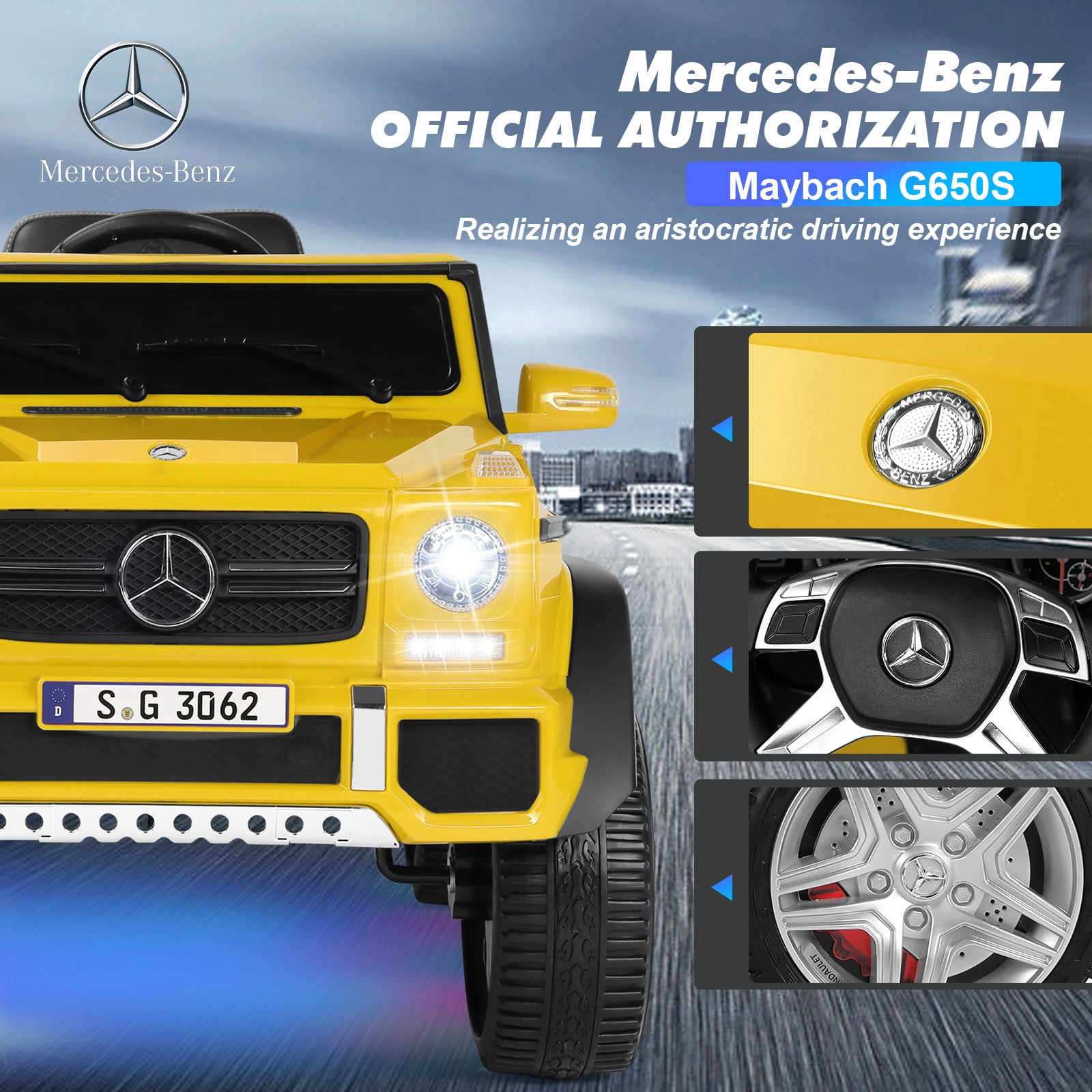 12V Battery Powered Kids Ride on Car Mercedes-Benz Electric Toys Truck 3 Speeds,LED Lights,Music with Remote Control(Yellow)