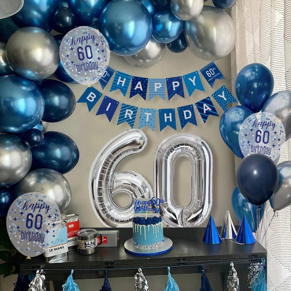 60th Birthday Decoration, Navy Blue Silver Balloons for Woman Man, Birthday Party Decor for Adult