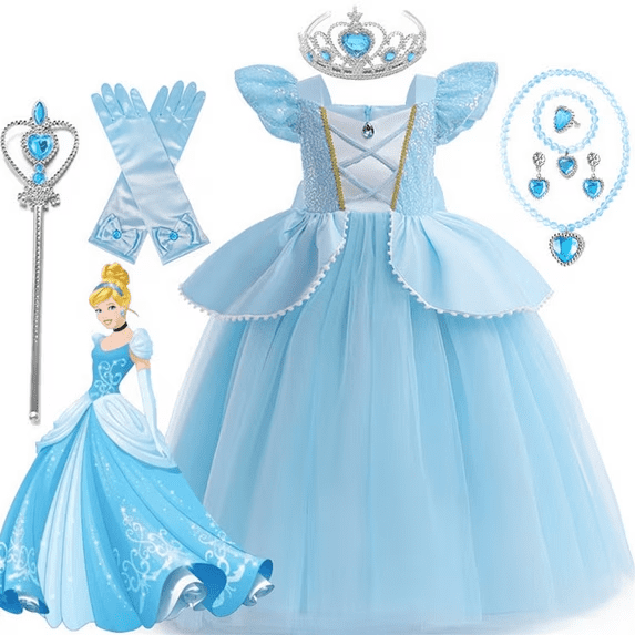 【Uhome】Girls Princess Costume Dresses Blue Princess Dress Up Clothes with Accessories for Halloween Cosplay Carnival Party