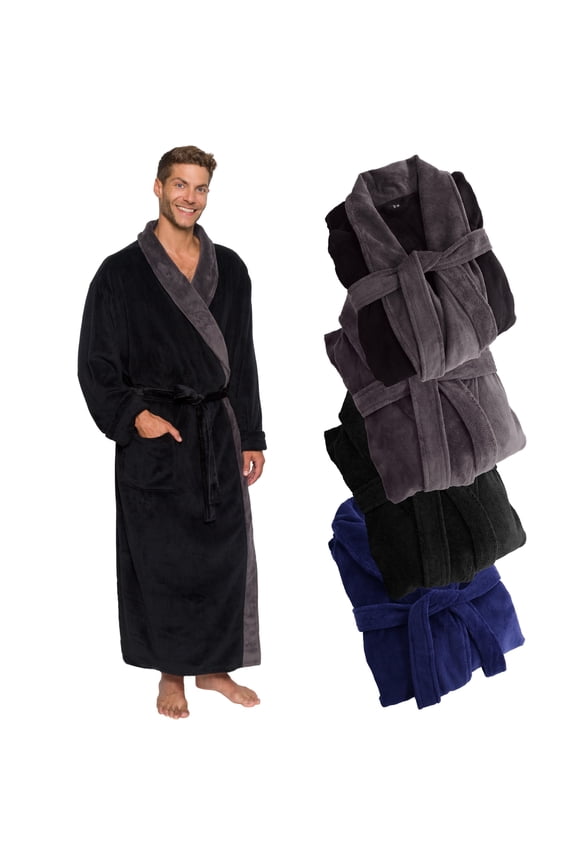 Mens Robe Big & Tall Shawl Collar Wrap Style (2X-Large/3X-Large, Jet Black & Gray)