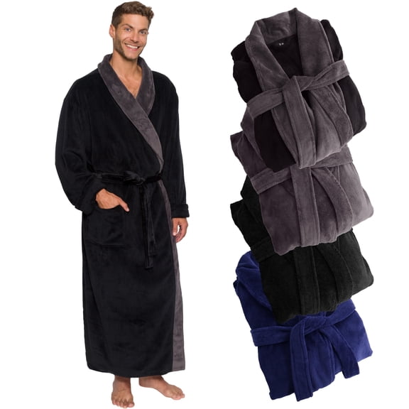 Mens Robe Big & Tall Shawl Collar Wrap Style (2X-Large/3X-Large, Jet Black & Gray)