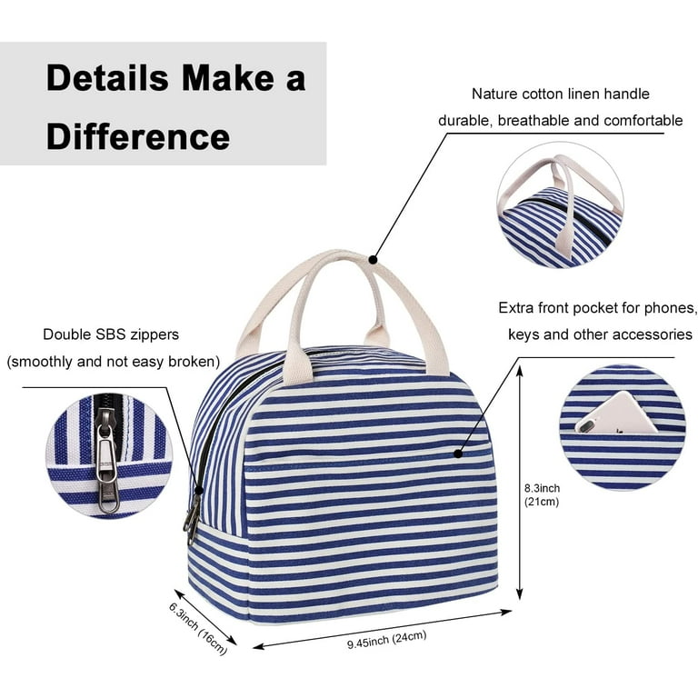 EurCross Insulated Lunch Bag for Girls & Women, Cooler & Thermal Insulated Lunch  Box for Work/ School/ Picnic/Beach/Fishing, Blue and White Stripes 