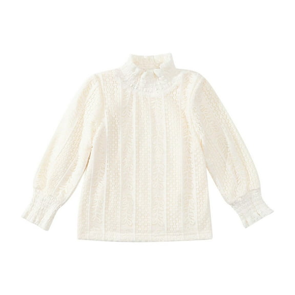 Qingpeng Girls Cotton Blouse Shirts Spring Fall Long Sleeve Turtleneck Top Ruffle Collar Solid Warm Base Layer